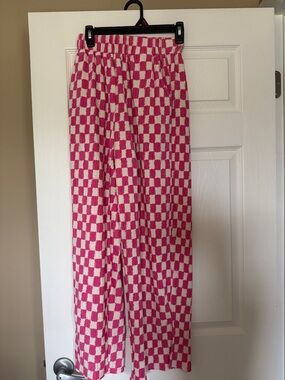 SHEIN Pink and White Checkerboard Straight-Leg Pants